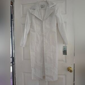 Women's White Long Coat with Decorative Trim